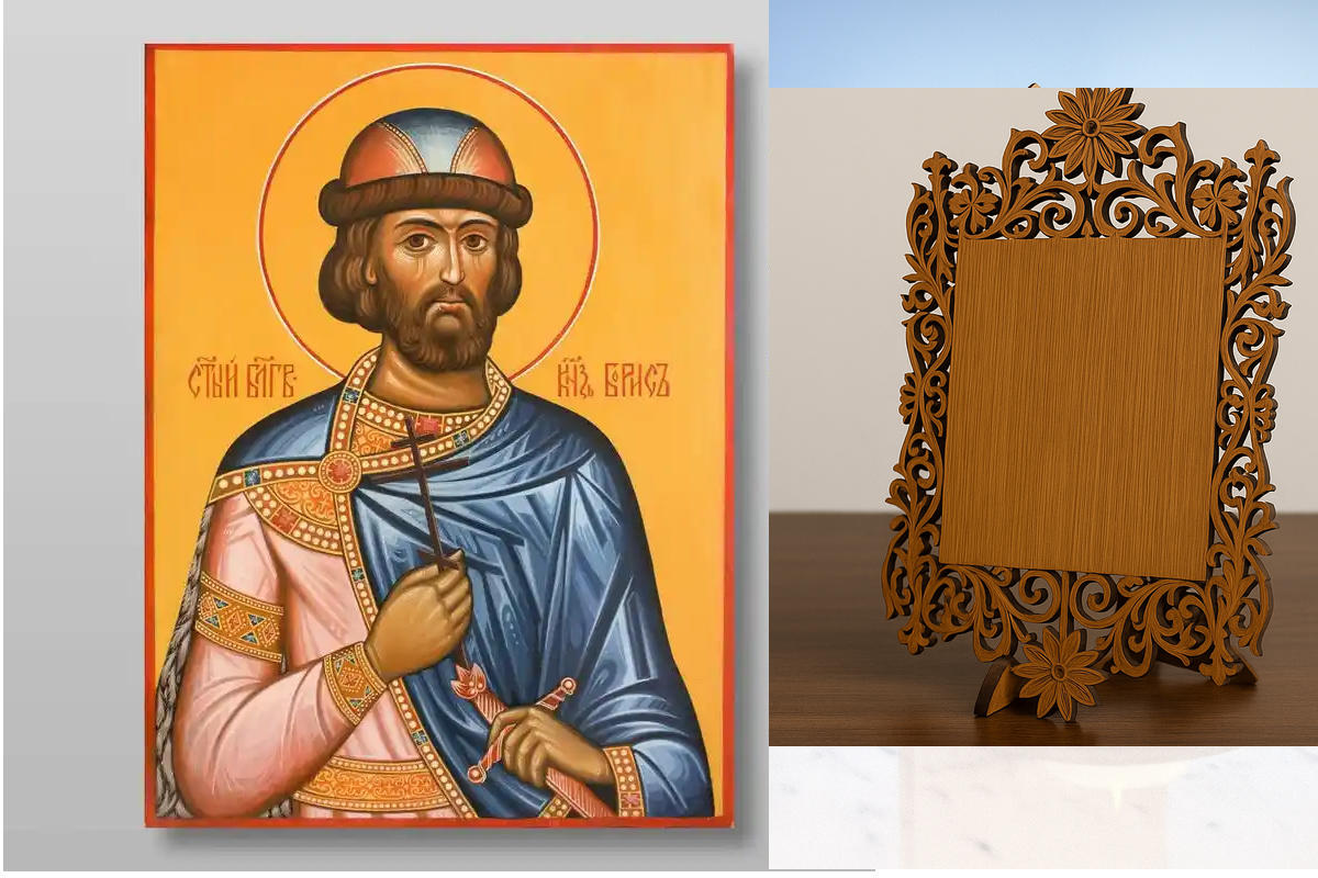 Εικόνα Ορθοδοξίας Δαντέλα μαζι με  Βάση σε  8 χρώματα με περίγραμμα χρυσό σε ξύλο Plywood (Πλακάζ)   με  βάση Μπόρις ο άγιος ευγενής πρίγκιπας μάρτυρας Χειροποίητη Ελληνορθόδοξη , Κρεμαστή πλάκα βυζαντινής τέχνης, χριστιανική τέχνη Διάσταση 40x30 cm (15,8