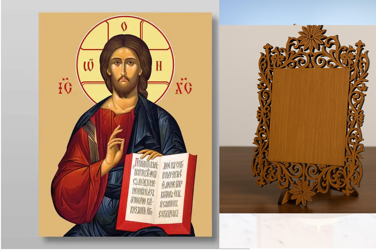 Σετ 2 τεμαχίων – Εικόνα Ορθοδοξίας Δαντέλα μαζι με  Βάση σε  8 χρώματα με περίγραμμα χρυσό σε ξύλο Plywood (Πλακάζ)   με  βάση Ο Ιησούς Χριστός Χειροποίητη Ελληνορθόδοξη , Κρεμαστή πλάκα βυζαντινής τέχνης, χριστιανική τέχνη Διάσταση 21x15 cm (8,3 x 5,9 ίν