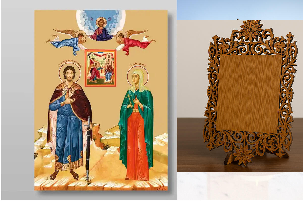 Εικόνα Ορθοδοξίας Δαντέλα μαζι με  Βάση σε  8 χρώματα με περίγραμμα χρυσό σε ξύλο Plywood (Πλακάζ)   με  βάση Ο Alexander Nevsky και η Irina Χειροποίητη Ελληνορθόδοξη , Κρεμαστή πλάκα βυζαντινής τέχνης, χριστιανική τέχνη Διάσταση 10x7 cm (3,9 x 2,8 ίντσες