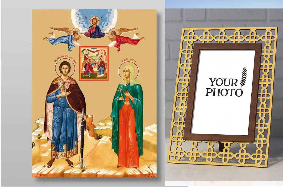 Εικόνα Ορθοδοξίας Πολυτελείας  με  σχεδιο Σταυρούς μαζι με  Βάση σε  8 χρώματα με περίγραμμα χρυσό σε ξύλο Plywood (Πλακάζ)   με  βάση Ο Alexander Nevsky και η Irina Χειροποίητη Ελληνορθόδοξη , Κρεμαστή πλάκα βυζαντινής τέχνης, χριστιανική τέχνη Διάσταση