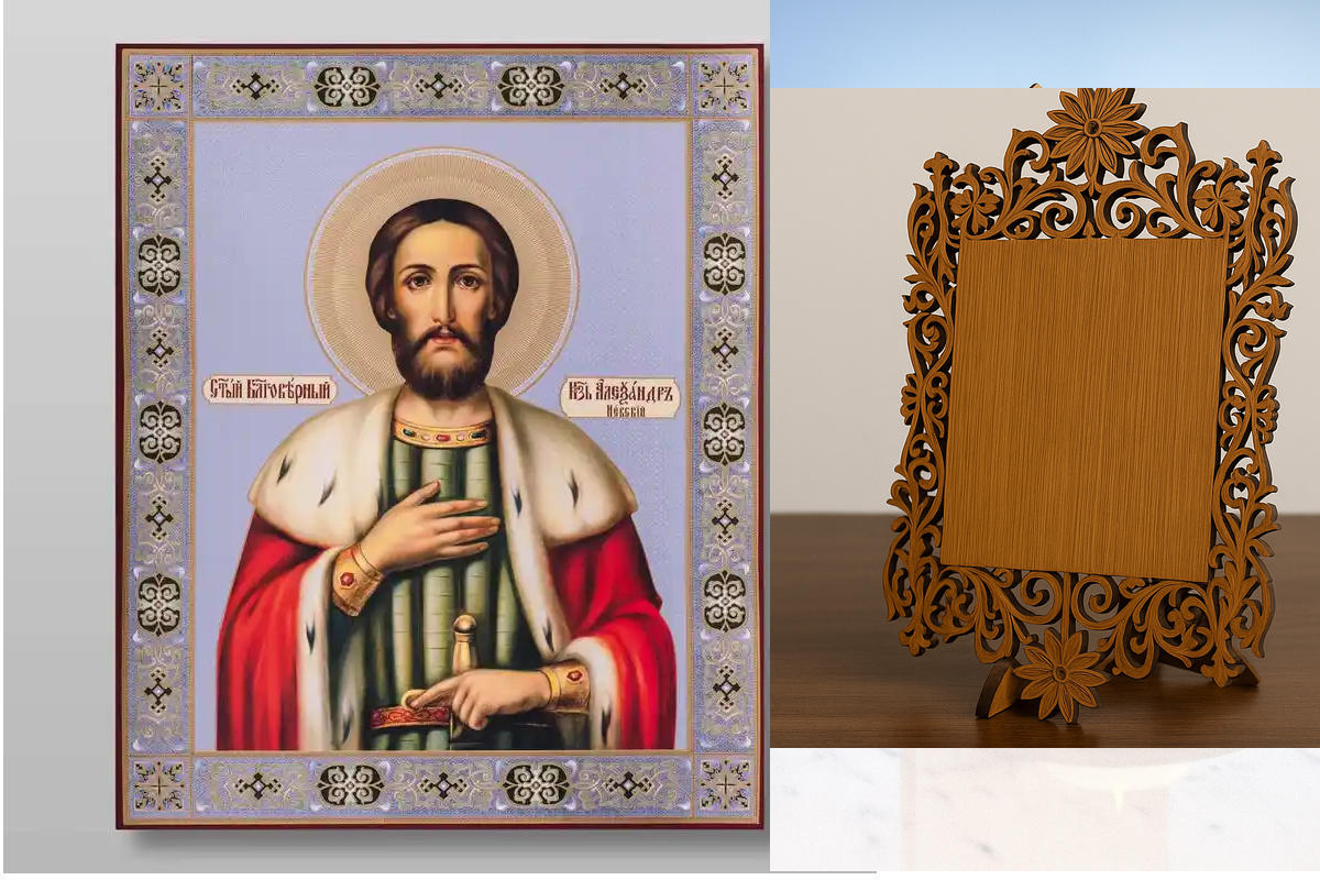 Σετ 2 τεμαχίων – Εικόνα Ορθοδοξίας Δαντέλα μαζι με  Βάση σε  8 χρώματα με περίγραμμα χρυσό σε ξύλο Plywood (Πλακάζ)   με  βάση Alexander Nevsky holy noble prince Χειροποίητη Ελληνορθόδοξη , Κρεμαστή πλάκα βυζαντινής τέχνης, χριστιανική τέχνη Διάσταση 21x1