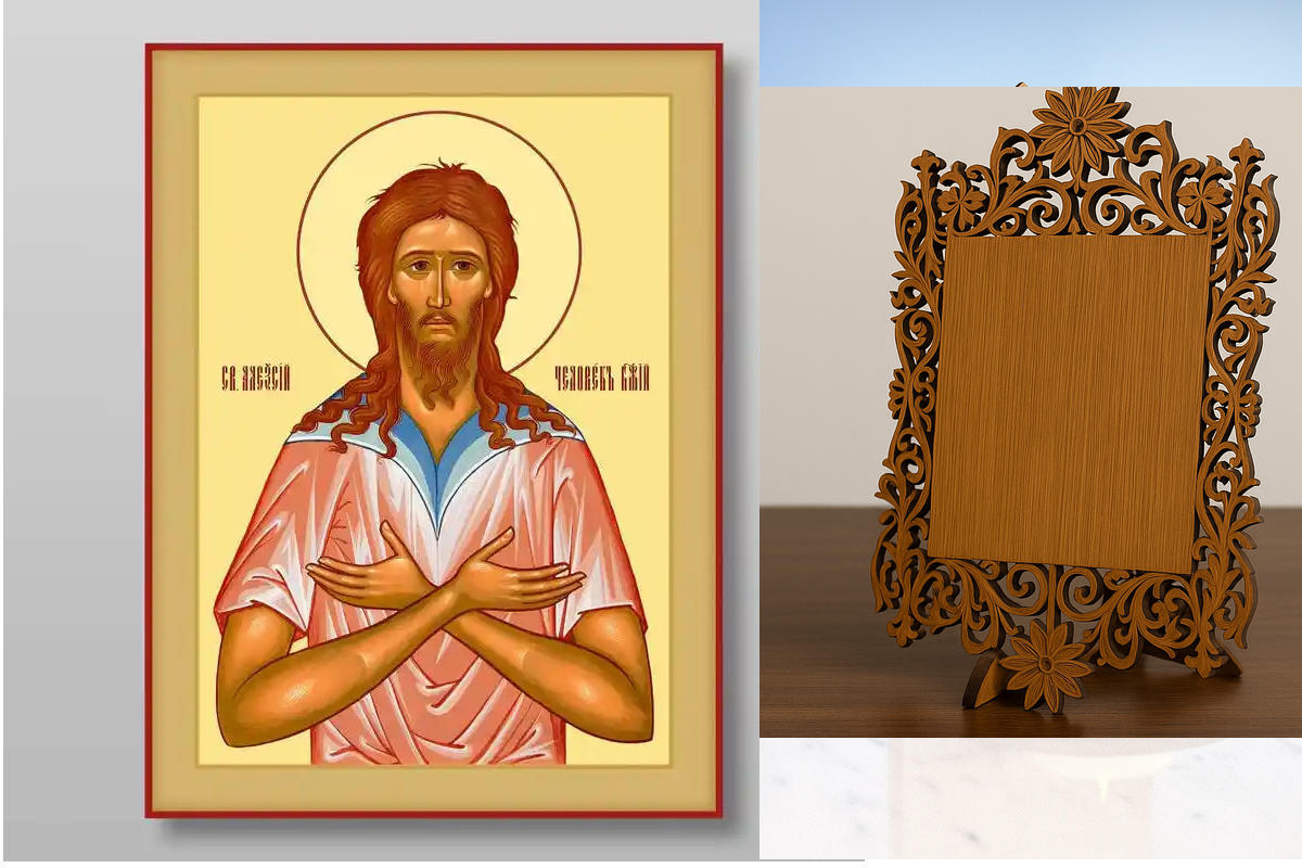 Εικόνα Ορθοδοξίας Δαντέλα μαζι με  Βάση σε  8 χρώματα με περίγραμμα χρυσό σε ξύλο Plywood (Πλακάζ)   με  βάση Alexy the man of God, άγιος, ευλογημένος, άγιος ανόητος Χειροποίητη Ελληνορθόδοξη , Κρεμαστή πλάκα βυζαντινής τέχνης, χριστιανική τέχνη Διάσταση