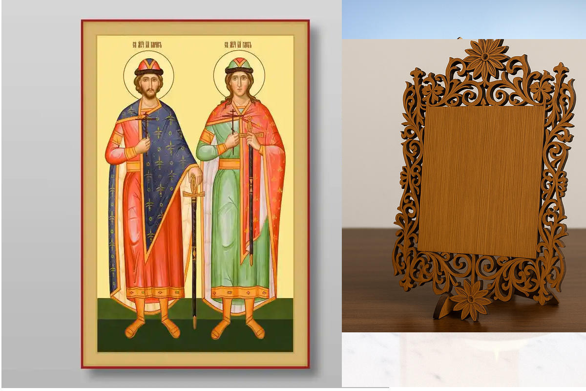 Εικόνα Ορθοδοξίας Δαντέλα μαζι με  Βάση σε  8 χρώματα με περίγραμμα χρυσό σε ξύλο Plywood (Πλακάζ)   με  βάση Boris and Gleb άγιος ευγενής πρίγκιπας μάρτυρες Χειροποίητη Ελληνορθόδοξη , Κρεμαστή πλάκα βυζαντινής τέχνης, χριστιανική τέχνη Διάσταση 40x30 cm