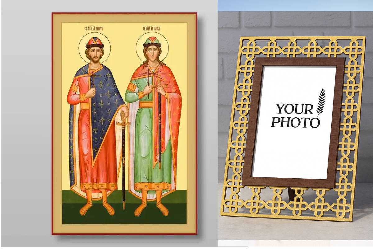 Σετ 2 τεμαχίων – Εικόνα Ορθοδοξίας Πολυτελείας  με  σχεδιο Σταυρούς μαζι με  Βάση σε  8 χρώματα με περίγραμμα χρυσό σε ξύλο Plywood (Πλακάζ)   με  βάση Boris and Gleb άγιος ευγενής πρίγκιπας μάρτυρες Χειροποίητη Ελληνορθόδοξη , Κρεμαστή πλάκα βυζαντινής τ