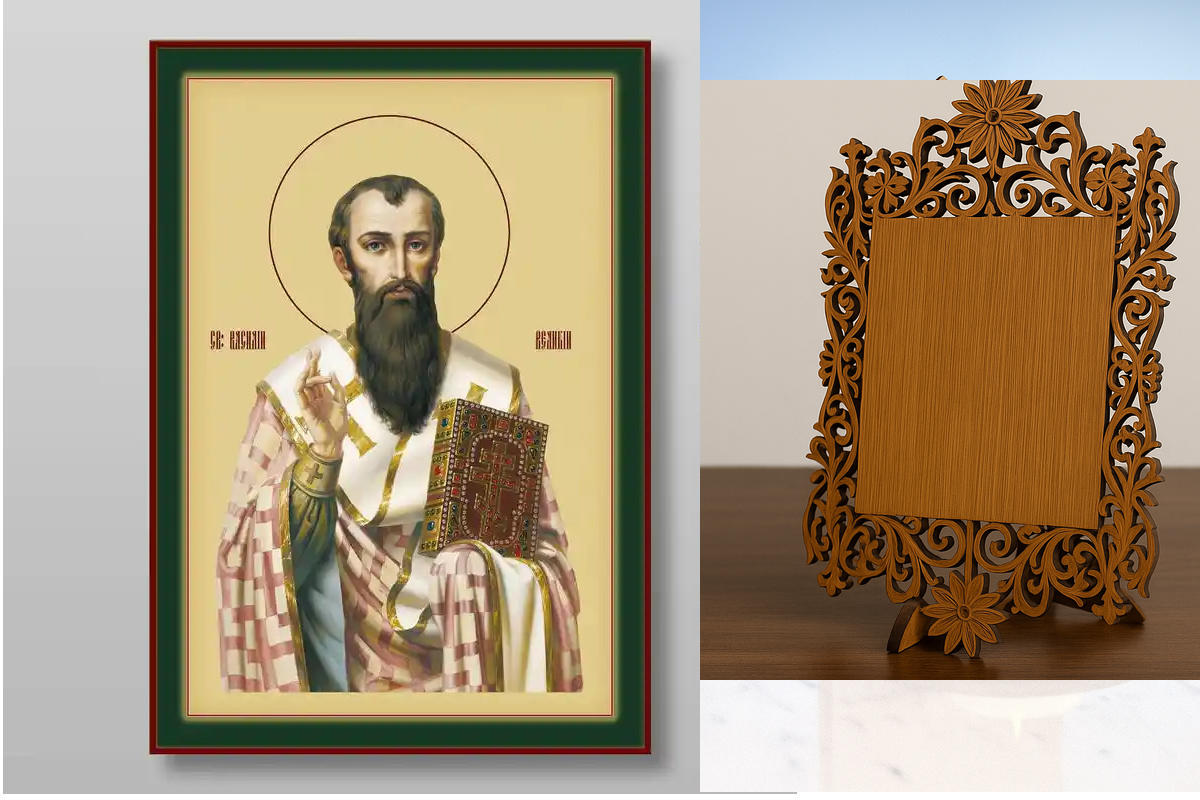 Εικόνα Ορθοδοξίας Δαντέλα μαζι με  Βάση σε  8 χρώματα με περίγραμμα χρυσό σε ξύλο Plywood (Πλακάζ)   με  βάση Ο Μέγας Βασίλειος Χειροποίητη Ελληνορθόδοξη , Κρεμαστή πλάκα βυζαντινής τέχνης, χριστιανική τέχνη Διάσταση 40x30 cm (15,8 x 11,8 ίντσες) INTRAEKk