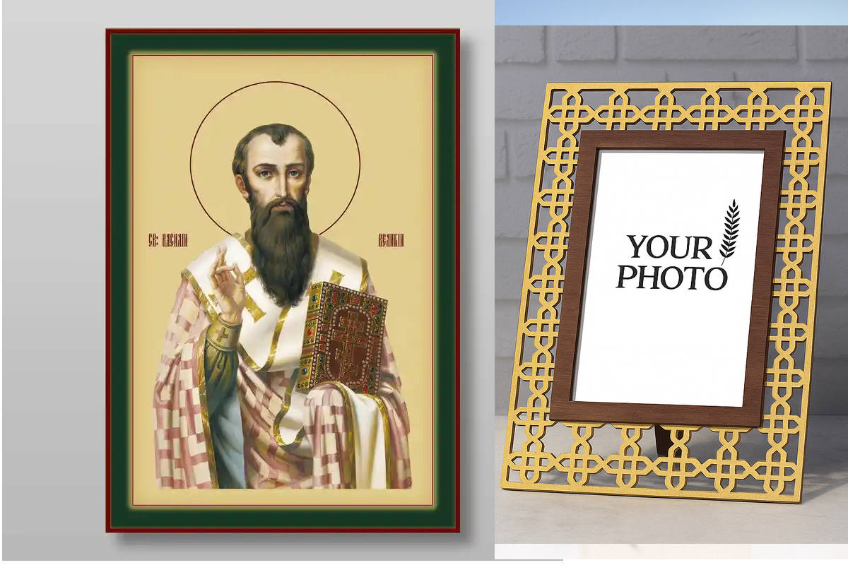 Εικόνα Ορθοδοξίας Πολυτελείας  με  σχεδιο Σταυρούς μαζι με  Βάση σε  8 χρώματα με περίγραμμα χρυσό σε ξύλο Plywood (Πλακάζ)   με  βάση Ο Μέγας Βασίλειος Χειροποίητη Ελληνορθόδοξη , Κρεμαστή πλάκα βυζαντινής τέχνης, χριστιανική τέχνη Διάσταση 40x30 cm (15,