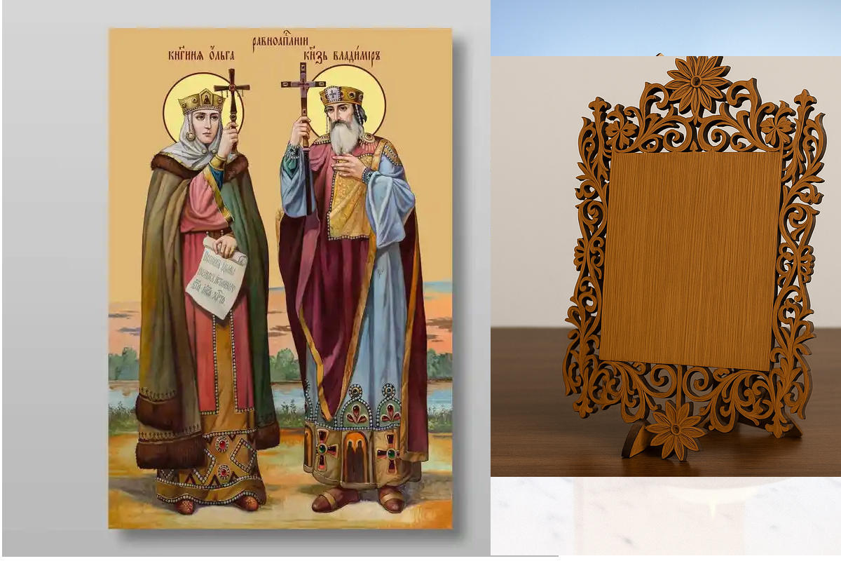 Εικόνα Ορθοδοξίας Δαντέλα μαζι με  Βάση σε  8 χρώματα με περίγραμμα χρυσό σε ξύλο Plywood (Πλακάζ)   με  βάση Οι άγιοι Βλαντιμίρ και Όλγα Χειροποίητη Ελληνορθόδοξη , Κρεμαστή πλάκα βυζαντινής τέχνης, χριστιανική τέχνη Διάσταση 40x30 cm (15,8 x 11,8 ίντσες