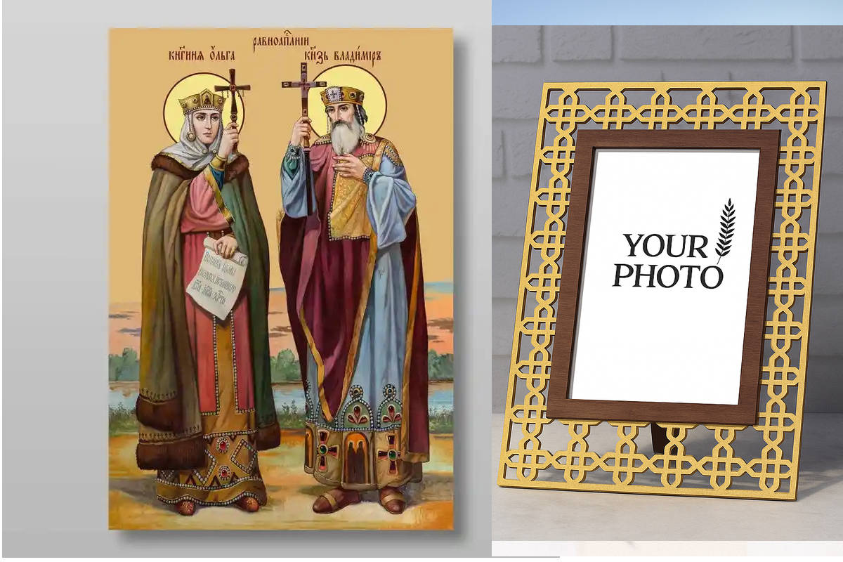 Εικόνα Ορθοδοξίας Πολυτελείας  με  σχεδιο Σταυρούς μαζι με  Βάση σε  8 χρώματα με περίγραμμα χρυσό σε ξύλο Plywood (Πλακάζ)   με  βάση Οι άγιοι Βλαντιμίρ και Όλγα Χειροποίητη Ελληνορθόδοξη , Κρεμαστή πλάκα βυζαντινής τέχνης, χριστιανική τέχνη Διάσταση 40x