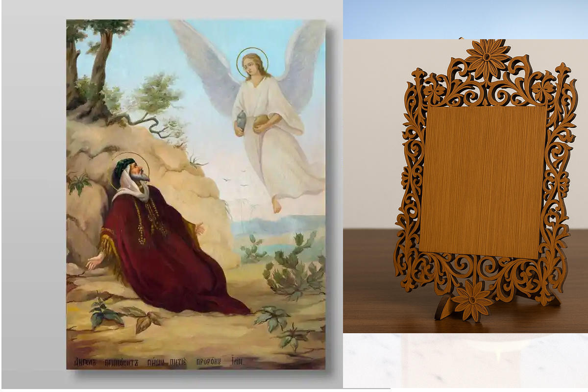 Εικόνα Ορθοδοξίας Δαντέλα μαζι με  Βάση σε  8 χρώματα με περίγραμμα χρυσό σε ξύλο Plywood (Πλακάζ)   με  βάση Ένας άγγελος ταΐζει τον προφήτη Ηλία Χειροποίητη Ελληνορθόδοξη , Κρεμαστή πλάκα βυζαντινής τέχνης, χριστιανική τέχνη Διάσταση 40x30 cm (15,8 x 11