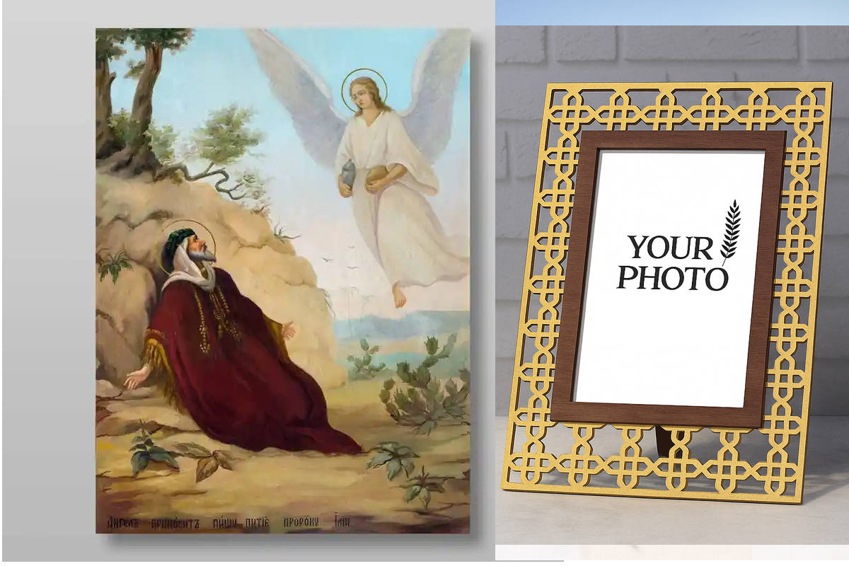 Εικόνα Ορθοδοξίας Πολυτελείας  με  σχεδιο Σταυρούς μαζι με  Βάση σε  8 χρώματα με περίγραμμα χρυσό σε ξύλο Plywood (Πλακάζ)   με  βάση Ένας άγγελος ταΐζει τον προφήτη Ηλία Χειροποίητη Ελληνορθόδοξη , Κρεμαστή πλάκα βυζαντινής τέχνης, χριστιανική τέχνη Διά