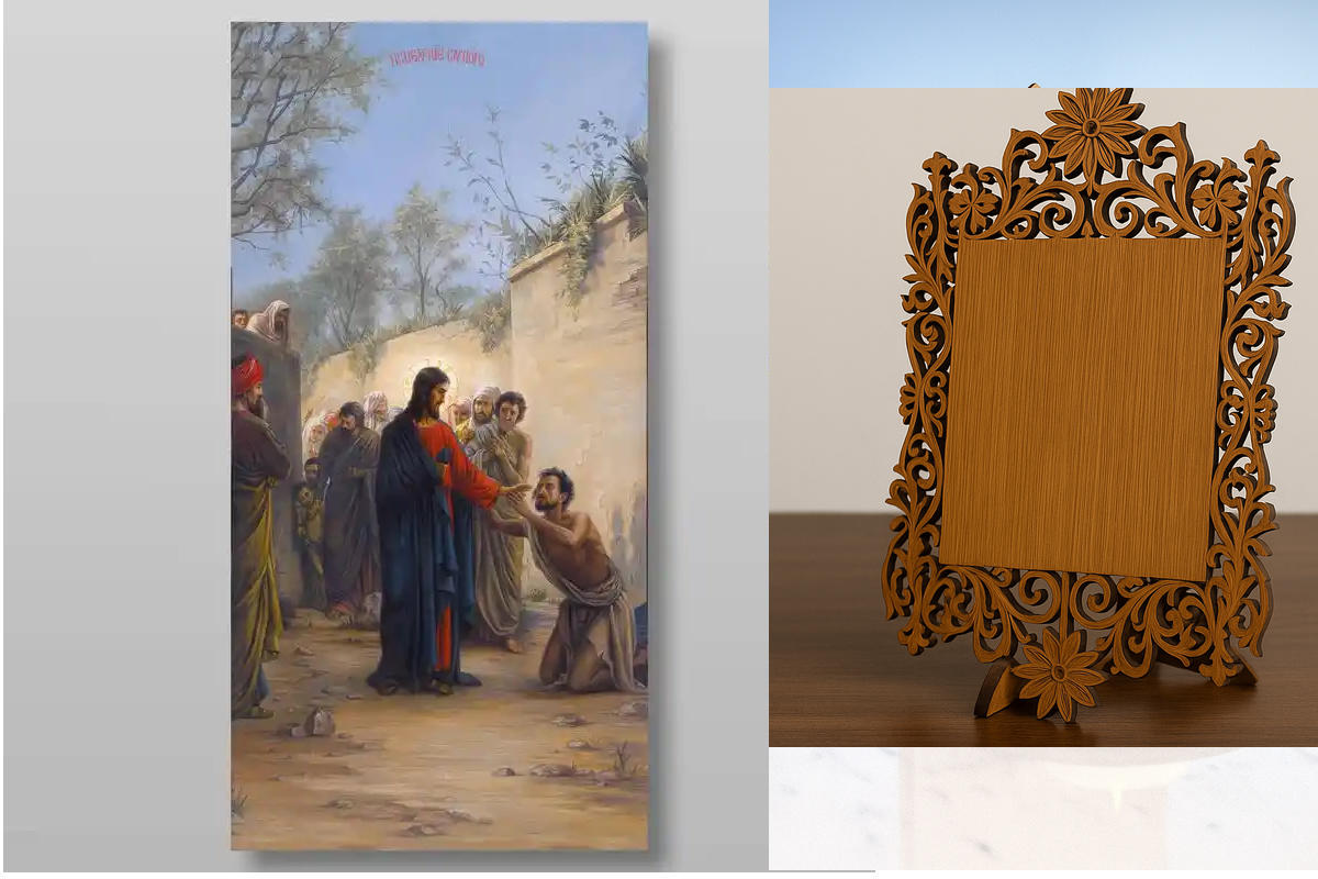 Εικόνα Ορθοδοξίας Δαντέλα μαζι με  Βάση σε  8 χρώματα με περίγραμμα χρυσό σε ξύλο Plywood (Πλακάζ)   με  βάση Healing the Blind Χειροποίητη Ελληνορθόδοξη , Κρεμαστή πλάκα βυζαντινής τέχνης, χριστιανική τέχνη Διάσταση 40x30 cm (15,8 x 11,8 ίντσες) INTRAEKk