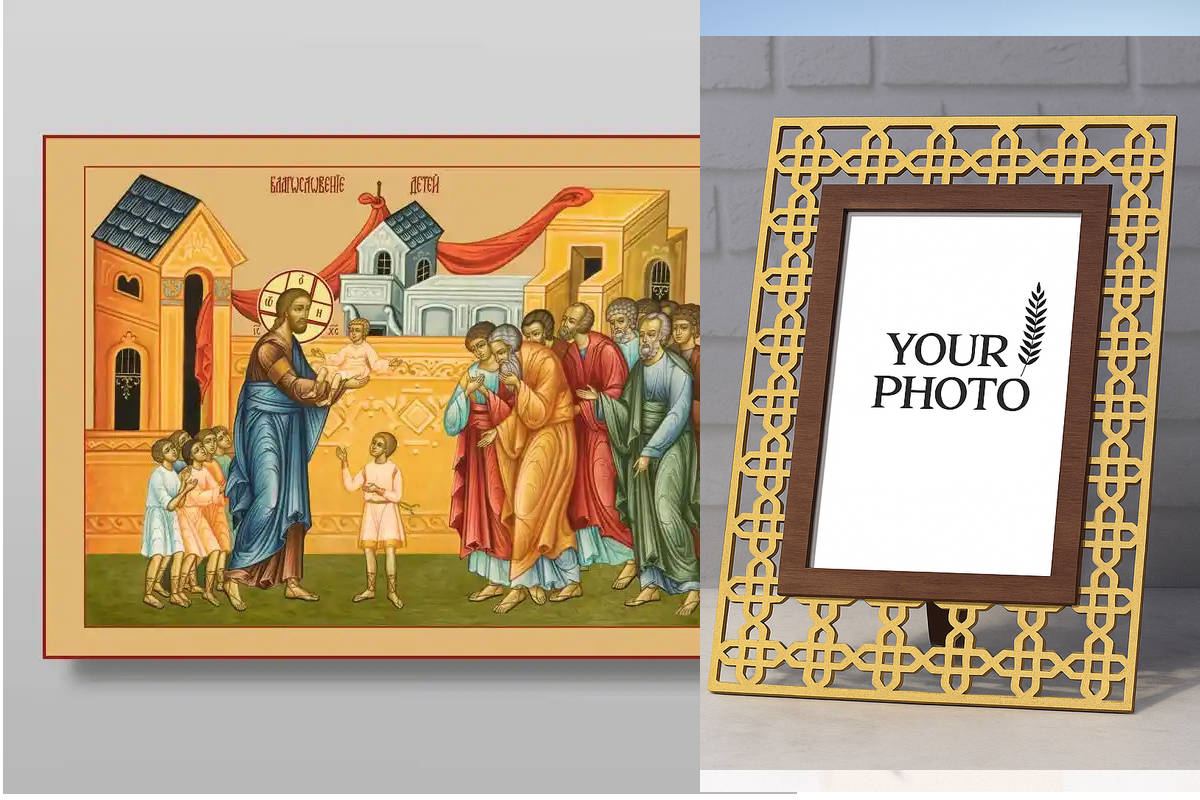 Εικόνα Ορθοδοξίας Πολυτελείας  με  σχεδιο Σταυρούς μαζι με  Βάση σε  8 χρώματα με περίγραμμα χρυσό σε ξύλο Plywood (Πλακάζ)   με  βάση Ευλογία Παίδων, Χειροποίητη Ελληνορθόδοξη , Κρεμαστή πλάκα βυζαντινής τέχνης, χριστιανική τέχνη Διάσταση 40x30 cm (15,8