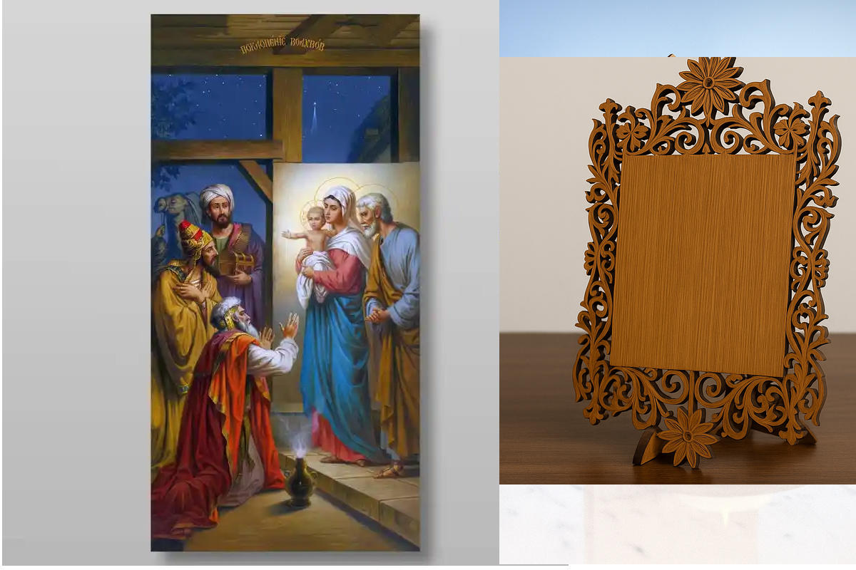 Εικόνα Ορθοδοξίας Δαντέλα μαζι με  Βάση σε  8 χρώματα με περίγραμμα χρυσό σε ξύλο Plywood (Πλακάζ)   με  βάση Λατρεία των Μάγων για  ορθόδοξων πινάκων.Χειροποίητη Ελληνορθόδοξη , Κρεμαστή πλάκα βυζαντινής τέχνης, χριστιανική τέχνη Διάσταση 40x30 cm (15,8