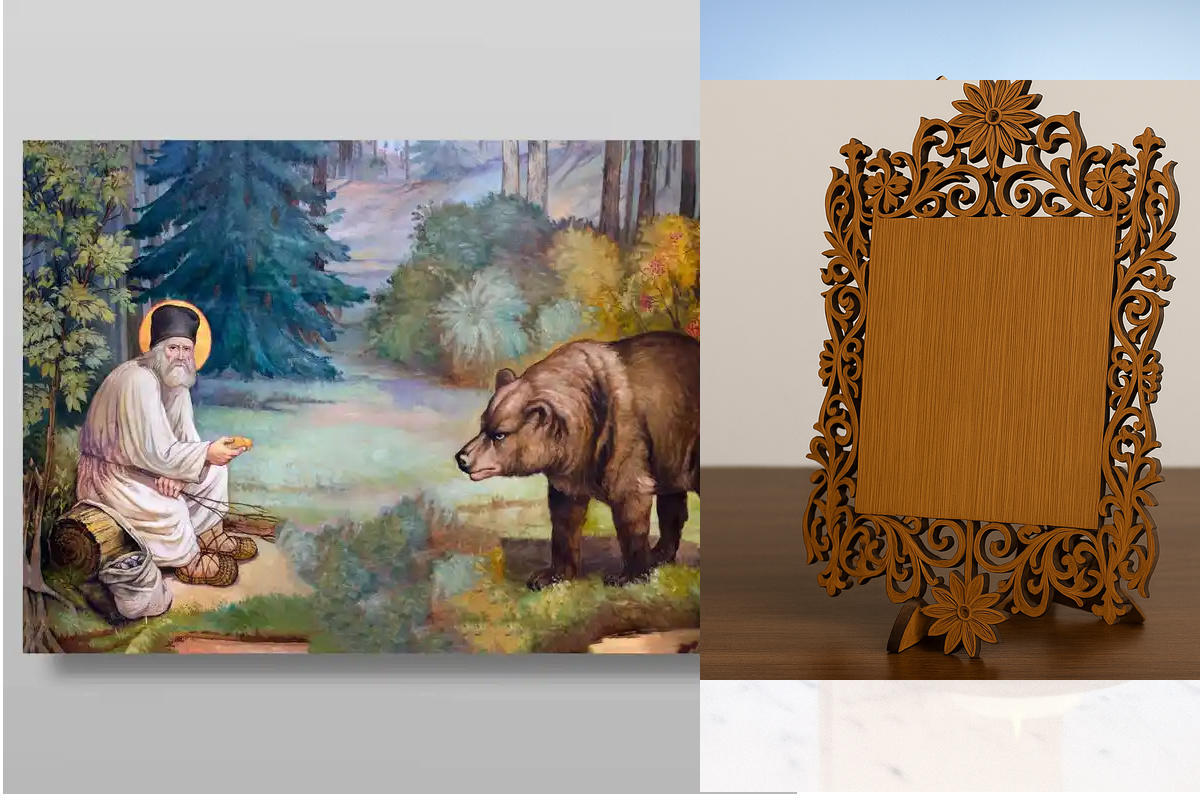 Σετ 2 τεμαχίων – Εικόνα Ορθοδοξίας Δαντέλα μαζι με  Βάση σε  8 χρώματα με περίγραμμα χρυσό σε ξύλο Plywood (Πλακάζ)   με  βάση Ο Σεραφείμ και η αρκούδα Χειροποίητη Ελληνορθόδοξη , Κρεμαστή πλάκα βυζαντινής τέχνης, χριστιανική τέχνη Διάσταση 26x20 cm (10,2