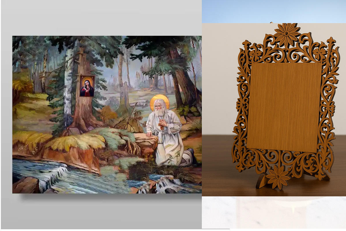 Εικόνα Ορθοδοξίας Δαντέλα μαζι με  Βάση σε  8 χρώματα με περίγραμμα χρυσό σε ξύλο Plywood (Πλακάζ)   με  βάση Σεραφείμ στην πέτρα Χειροποίητη Ελληνορθόδοξη , Κρεμαστή πλάκα βυζαντινής τέχνης, χριστιανική τέχνη Διάσταση 50x40 cm (19,7 x 15,8 ίντσες) INTRAE