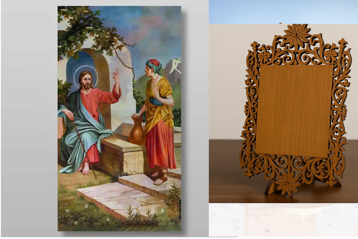 Εικόνα Ορθοδοξίας Δαντέλα μαζι με  Βάση σε  8 χρώματα με περίγραμμα χρυσό σε ξύλο Plywood (Πλακάζ)   με  βάση Ο Χριστός και η Σαμαρείτιδα Χειροποίητη Ελληνορθόδοξη , Κρεμαστή πλάκα βυζαντινής τέχνης, χριστιανική τέχνη Διάσταση 50x40 cm (19,7 x 15,8 ίντσες