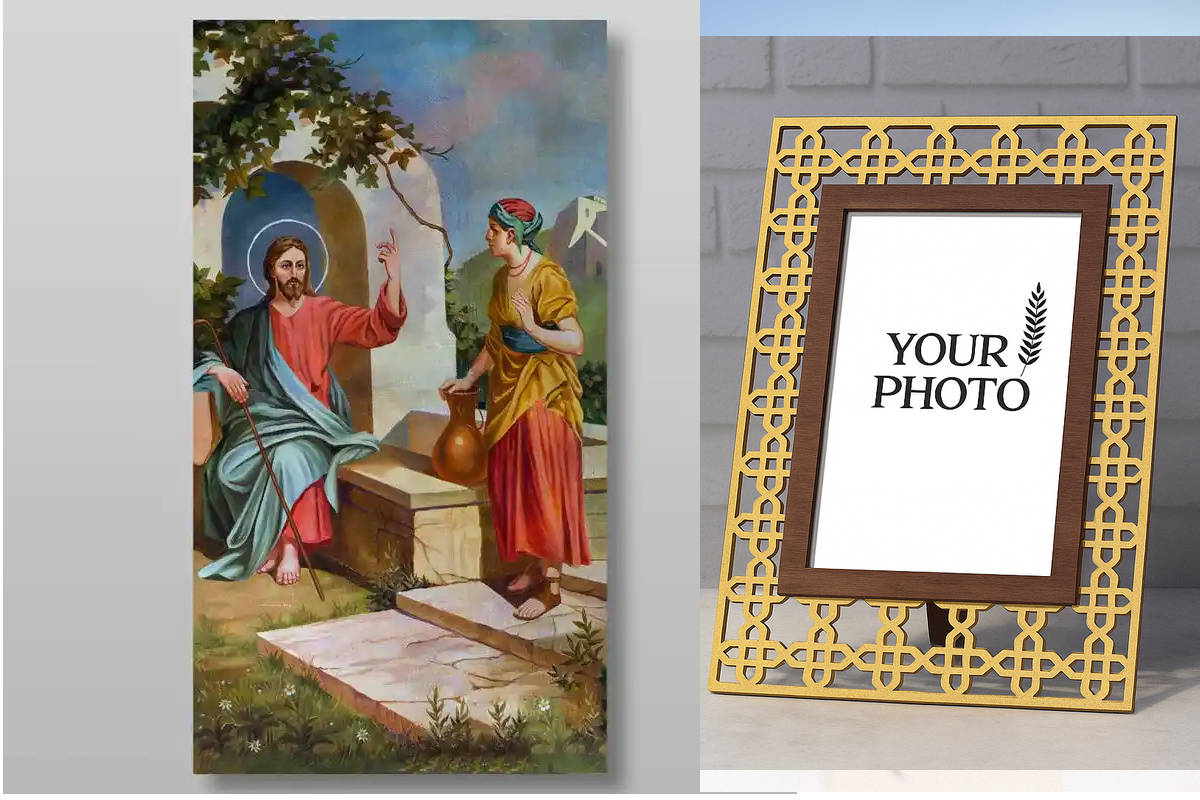 Εικόνα Ορθοδοξίας Πολυτελείας  με  σχεδιο Σταυρούς μαζι με  Βάση σε  8 χρώματα με περίγραμμα χρυσό σε ξύλο Plywood (Πλακάζ)   με  βάση Ο Χριστός και η Σαμαρείτιδα Χειροποίητη Ελληνορθόδοξη , Κρεμαστή πλάκα βυζαντινής τέχνης, χριστιανική τέχνη Διάσταση 40x