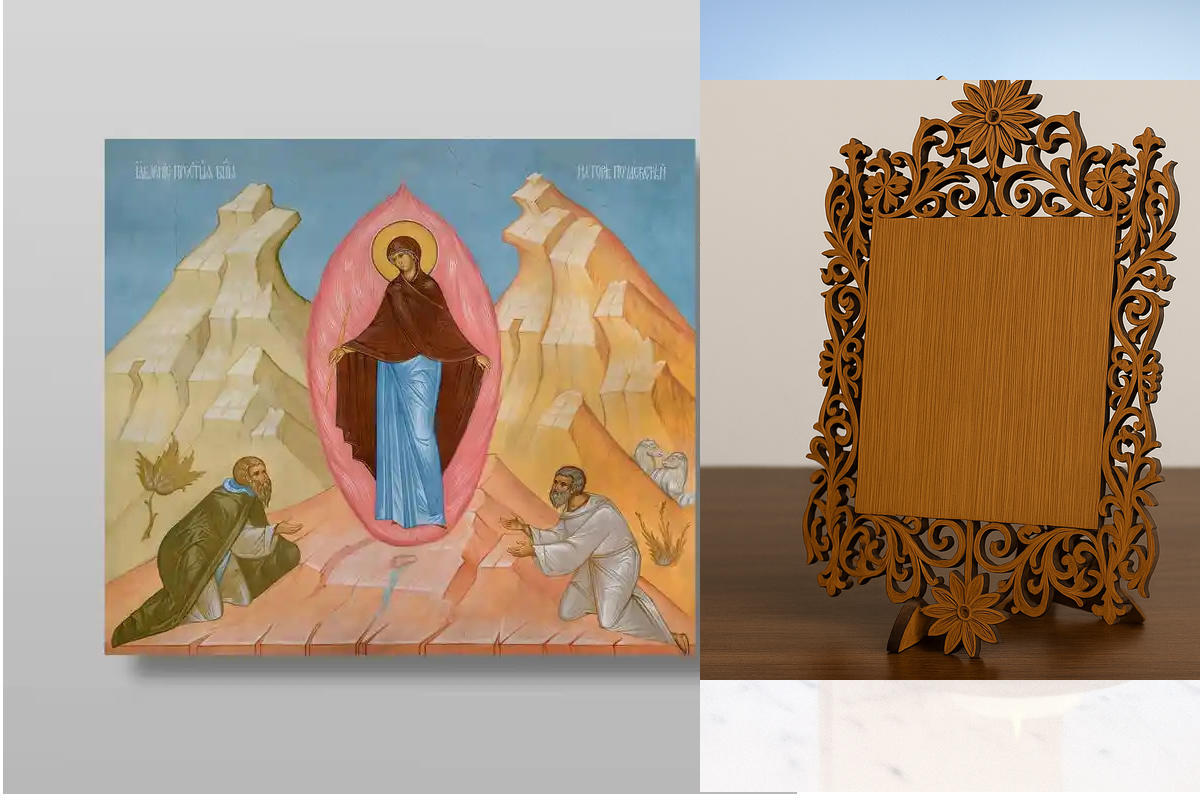 Σετ 2 τεμαχίων – Εικόνα Ορθοδοξίας Δαντέλα μαζι με  Βάση σε  8 χρώματα με περίγραμμα χρυσό σε ξύλο Plywood (Πλακάζ)   με  βάση Το Apparition on Mount Pochaevskaya Χειροποίητη Ελληνορθόδοξη , Κρεμαστή πλάκα βυζαντινής τέχνης, χριστιανική τέχνη Διάσταση 26x