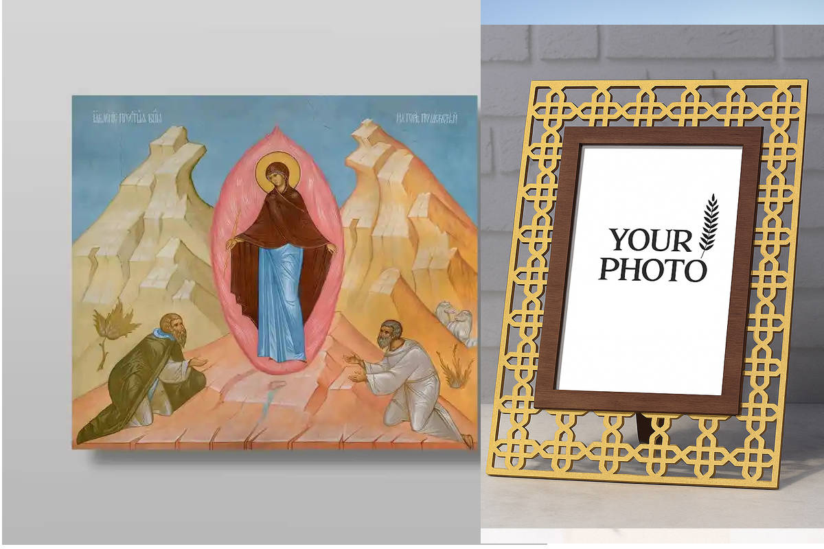 Εικόνα Ορθοδοξίας Πολυτελείας  με  σχεδιο Σταυρούς μαζι με  Βάση σε  8 χρώματα με περίγραμμα χρυσό σε ξύλο Plywood (Πλακάζ)   με  βάση Το Apparition on Mount Pochaevskaya Χειροποίητη Ελληνορθόδοξη , Κρεμαστή πλάκα βυζαντινής τέχνης, χριστιανική τέχνη Διάσ