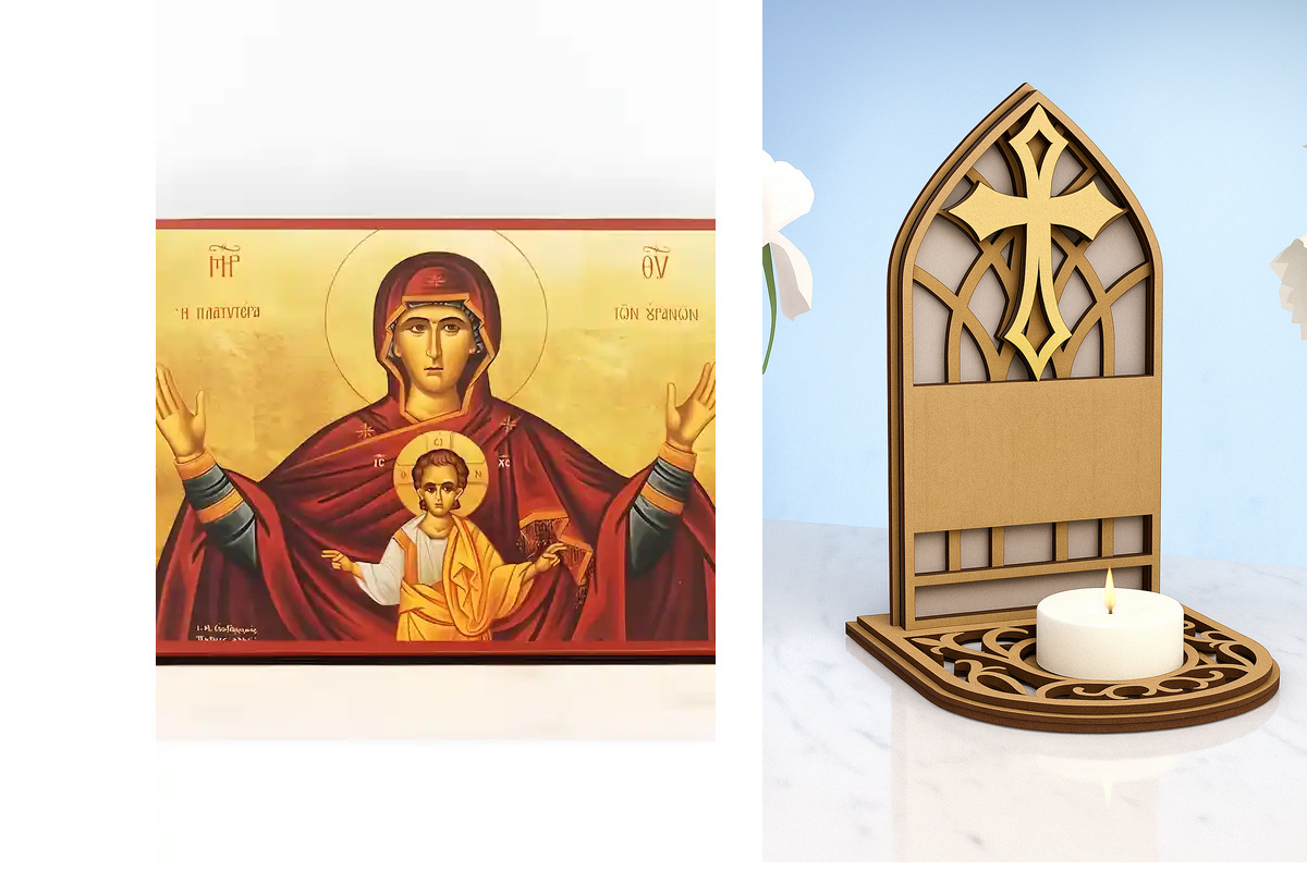 Εικόνα Ορθοδοξίας Καντηλάκι σε  8 χρώματα με περίγραμμα χρυσό σε ξύλο Plywood (Πλακάζ)   με  βάση Παναγία Πιο ευρύχωρη και από τους ουρανούς «Πλατυτέρα», Ξύλινη Χειροποίητη Εικόνα Ελληνικού Premium Βυζαντινού Στυλ Κρεμασμένο σε ξύλινη πλάκα Χειροποίητη Ελ