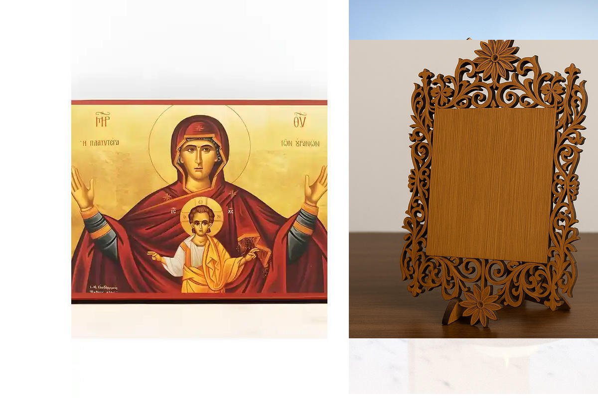 Εικόνα Ορθοδοξίας Δαντέλα μαζι με  Βάση σε  8 χρώματα με περίγραμμα χρυσό σε ξύλο Plywood (Πλακάζ)   με  βάση Παναγία Πιο ευρύχωρη και από τους ουρανούς «Πλατυτέρα», Ξύλινη Χειροποίητη Εικόνα Ελληνικού Premium Βυζαντινού Στυλ Κρεμασμένο σε ξύλινη πλάκα Χε