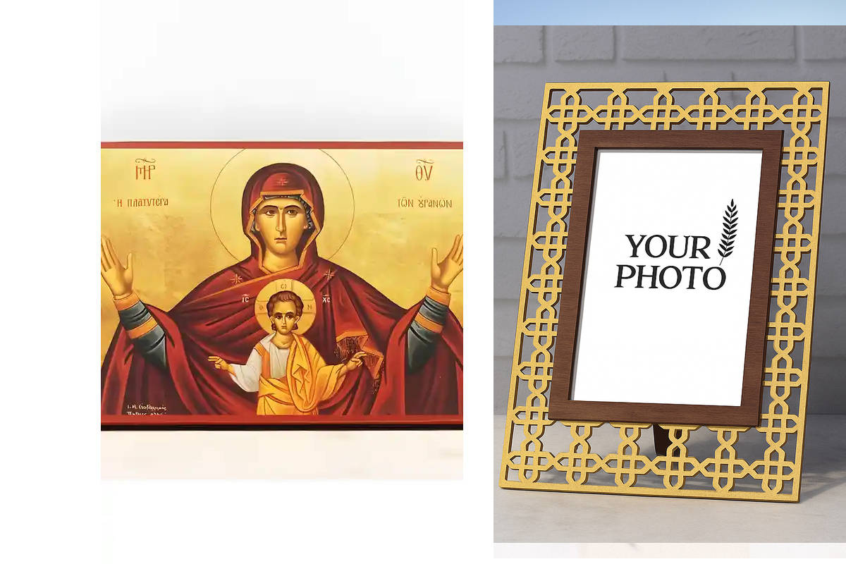 Σετ 2 τεμαχίων – Εικόνα Ορθοδοξίας Πολυτελείας  με  σχεδιο Σταυρούς μαζι με  Βάση σε  8 χρώματα με περίγραμμα χρυσό σε ξύλο Plywood (Πλακάζ)   με  βάση Παναγία Πιο ευρύχωρη και από τους ουρανούς «Πλατυτέρα», Ξύλινη Χειροποίητη Εικόνα Ελληνικού Premium Βυζ