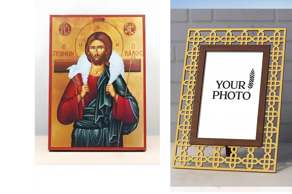 Εικόνα Ορθοδοξίας Πολυτελείας  με  σχεδιο Σταυρούς μαζι με  Βάση σε  8 χρώματα με περίγραμμα χρυσό σε ξύλο Plywood (Πλακάζ)   με  βάση Ιησούς Χριστός ο καλός Ποιμένας, Ξύλινη Χειροποίητη Εικόνα Ελληνικού Premium Βυζαντινού Στυλ Κρεμασμένο σε ξύλινη πλάκα