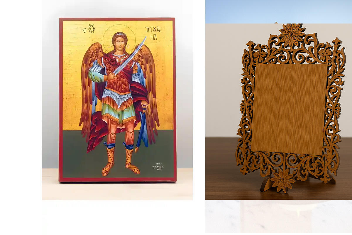 Σετ 2 τεμαχίων – Εικόνα Ορθοδοξίας Δαντέλα μαζι με  Βάση σε  8 χρώματα με περίγραμμα χρυσό σε ξύλο Plywood (Πλακάζ)   με  βάση Αρχάγγελος Μιχαήλ Fullbody, Ξύλινη Χειροποίητη Εικόνα Ελληνικού Premium Βυζαντινού Στυλ Κρεμαστή σε ξύλινη πλάκα Θρησκευτικό θέμ
