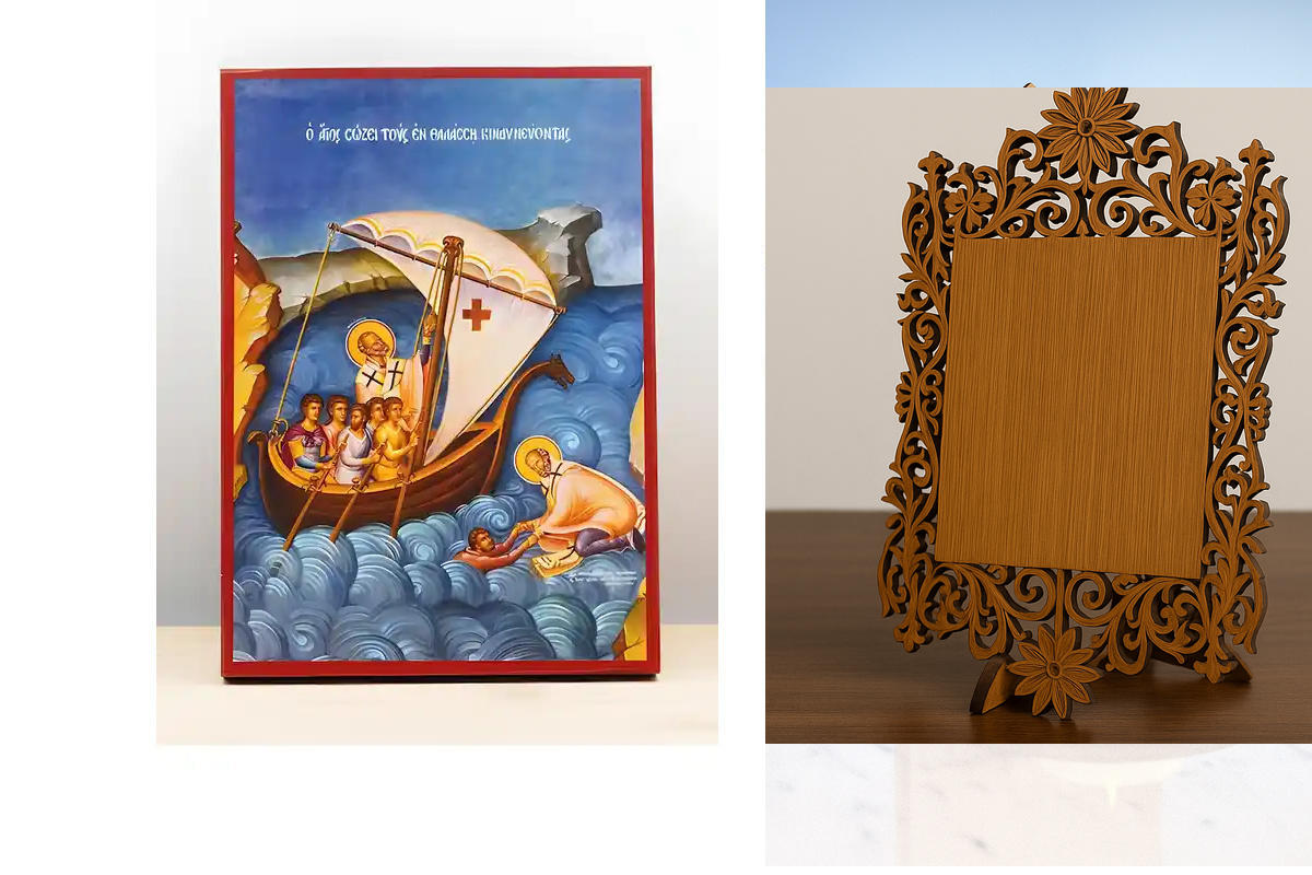 Εικόνα Ορθοδοξίας Δαντέλα μαζι με  Βάση σε  8 χρώματα με περίγραμμα χρυσό σε ξύλο Plywood (Πλακάζ)   με  βάση Άγιος Νικόλαος ο Πολιούχος των Ναυτικών, Ξύλινη Χειροποίητη Εικόνα Ελληνικού Βυζαντινού Στυλ Κρεμαστή σε Ξύλινη Πλάκα Θρησκευτικό Χειροποίητη Ελλ