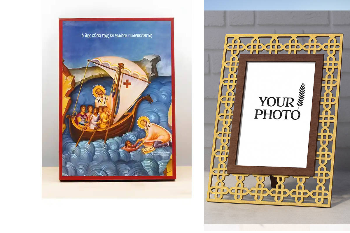 Εικόνα Ορθοδοξίας Πολυτελείας  με  σχεδιο Σταυρούς μαζι με  Βάση σε  8 χρώματα με περίγραμμα χρυσό σε ξύλο Plywood (Πλακάζ)   με  βάση Άγιος Νικόλαος ο Πολιούχος των Ναυτικών, Ξύλινη Χειροποίητη Εικόνα Ελληνικού Βυζαντινού Στυλ Κρεμαστή σε Ξύλινη Πλάκα Θρ