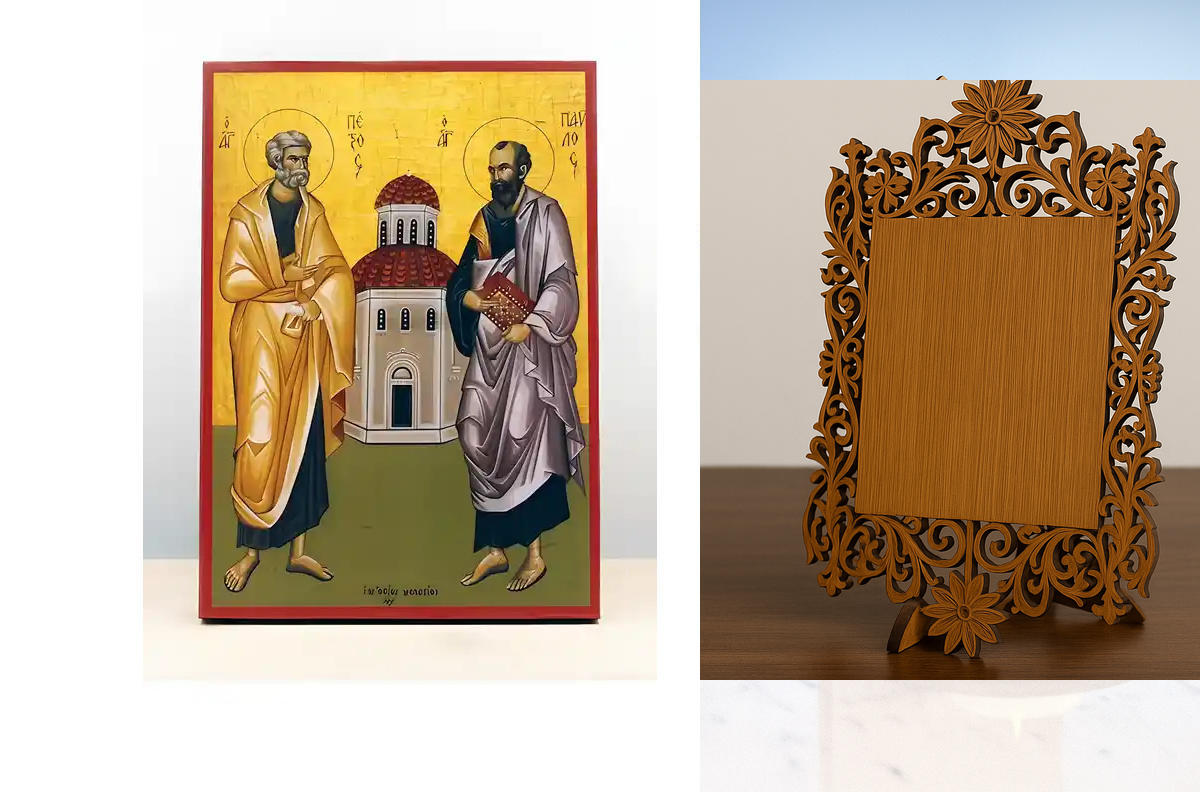 Εικόνα Ορθοδοξίας Δαντέλα μαζι με  Βάση σε  8 χρώματα με περίγραμμα χρυσό σε ξύλο Plywood (Πλακάζ)   με  βάση Οι Άγιοι Απόστολοι Παύλος και Πέτρος με Εκκλησία, Ξύλινη Χειροποίητη Εικόνα Ελληνικού Βυζαντινού Στυλ Κρεμασμένο σε ξύλινη πλάκα Θρησκευτικό θέμα