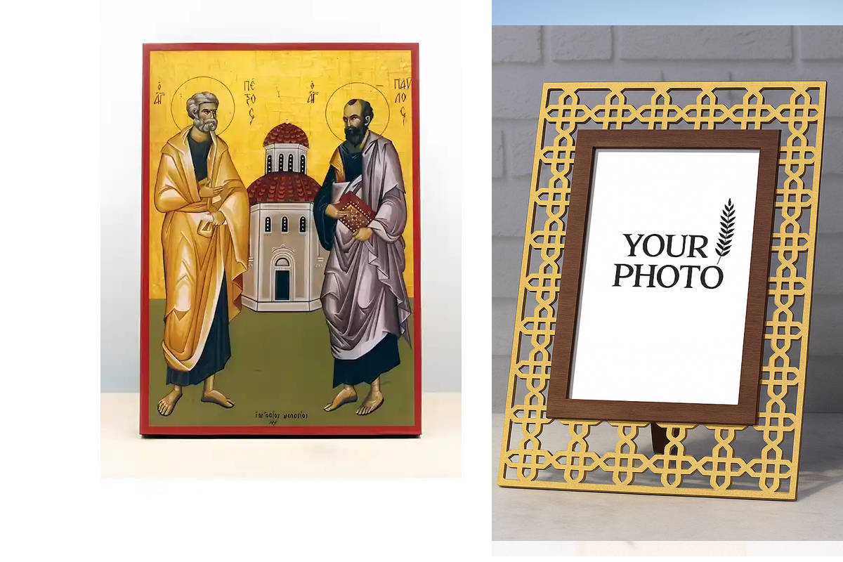 Εικόνα Ορθοδοξίας Πολυτελείας  με  σχεδιο Σταυρούς μαζι με  Βάση σε  8 χρώματα με περίγραμμα χρυσό σε ξύλο Plywood (Πλακάζ)   με  βάση Οι Άγιοι Απόστολοι Παύλος και Πέτρος με Εκκλησία, Ξύλινη Χειροποίητη Εικόνα Ελληνικού Βυζαντινού Στυλ Κρεμασμένο σε ξύλι