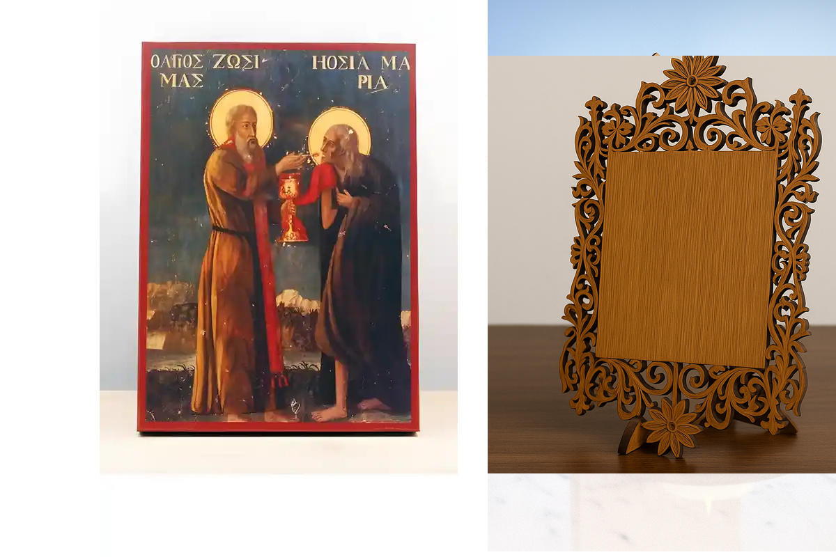Εικόνα Ορθοδοξίας Δαντέλα μαζι με  Βάση σε  8 χρώματα με περίγραμμα χρυσό σε ξύλο Plywood (Πλακάζ)   με  βάση Ο Άγιος Ζωσιμάς Κοινωνεί την Αγία Μαρία την Αιγυπτία, Ξύλινη Χειροποίητη Εικόνα Ελληνικού Βυζαντινού Στυλ Κρεμασμένη σε Ξυλόπλακα Χειροποίητη Ελλ