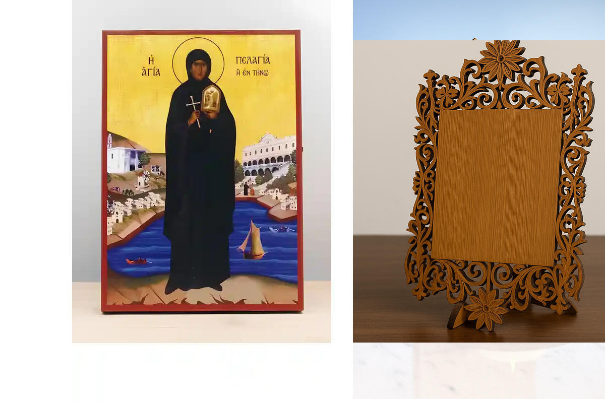Εικόνα Ορθοδοξίας Δαντέλα μαζι με  Βάση σε  8 χρώματα με περίγραμμα χρυσό σε ξύλο Plywood (Πλακάζ)   με  βάση Αγία Πελαγία Τήνου Ολόσωμο, Ξύλινη Χειροποίητη Εικόνα Ελληνικού Βυζαντινού Στυλ Κρεμαστή σε ξύλινη πλάκα Θρησκευτικό Θέμα Χειροποίητη Ελληνορθόδο
