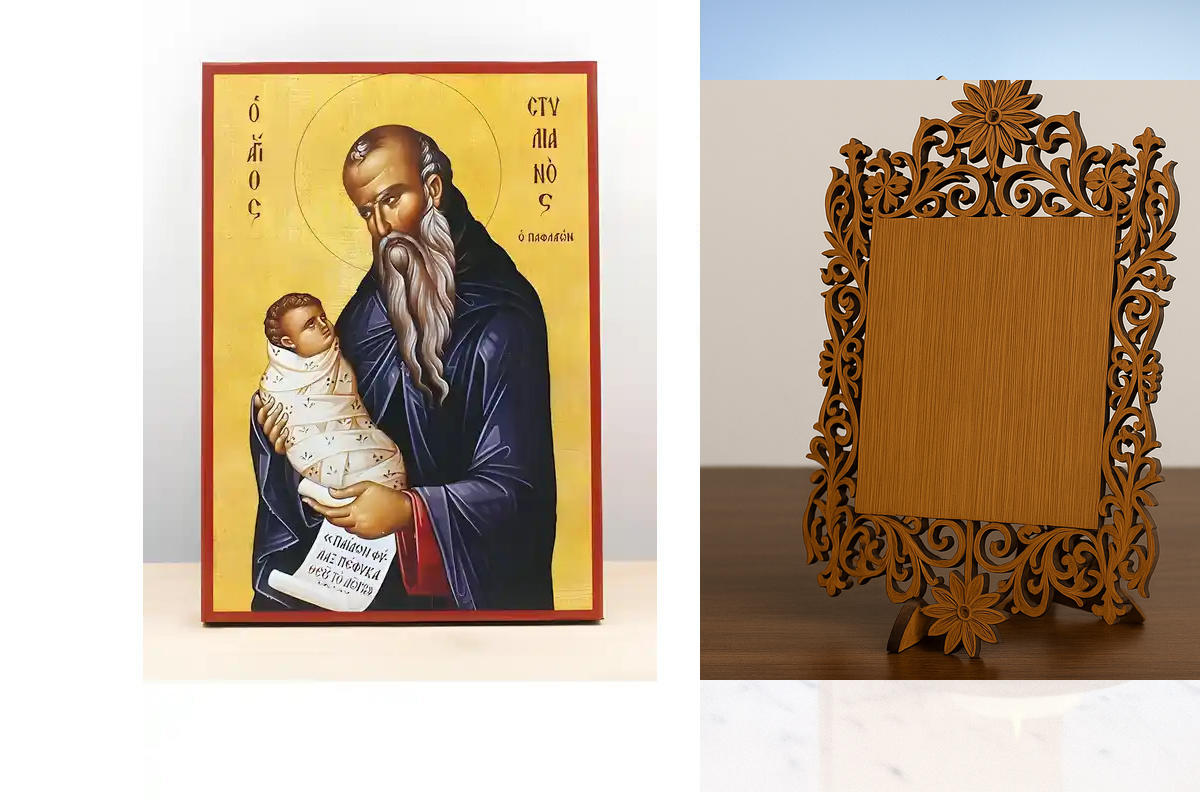 Εικόνα Ορθοδοξίας Δαντέλα μαζι με  Βάση σε  8 χρώματα με περίγραμμα χρυσό σε ξύλο Plywood (Πλακάζ)   με  βάση Άγιος Στυλιανός Παφλαγονίας, Ξύλινη Χειροποίητη Εικόνα Ελληνικού Βυζαντινού Στυλ Κρεμαστή σε ξύλινη πλάκα Χειροποίητη Ελληνορθόδοξη εικόνα του Ιη