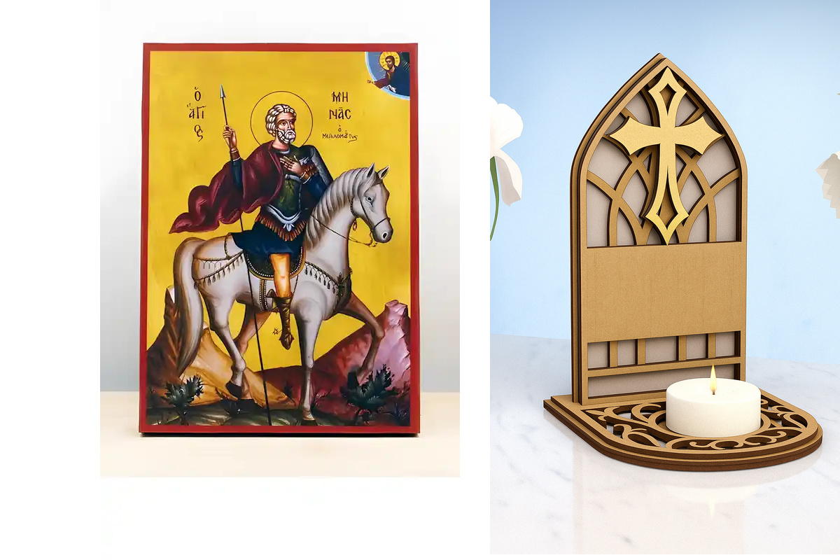 Εικόνα Ορθοδοξίας Καντηλάκι σε  8 χρώματα με περίγραμμα χρυσό σε ξύλο Plywood (Πλακάζ)   με  βάση Άγιος Μηνάς της Αιγύπτου έφιππος, Ξύλινη Χειροποίητη Εικόνα Ελληνικής Premium Βυζαντινής τεχνοτροπίας Κρεμασμένη σε ξύλινη πλάκα Χειροποίητη Ελληνορθόδοξη ει