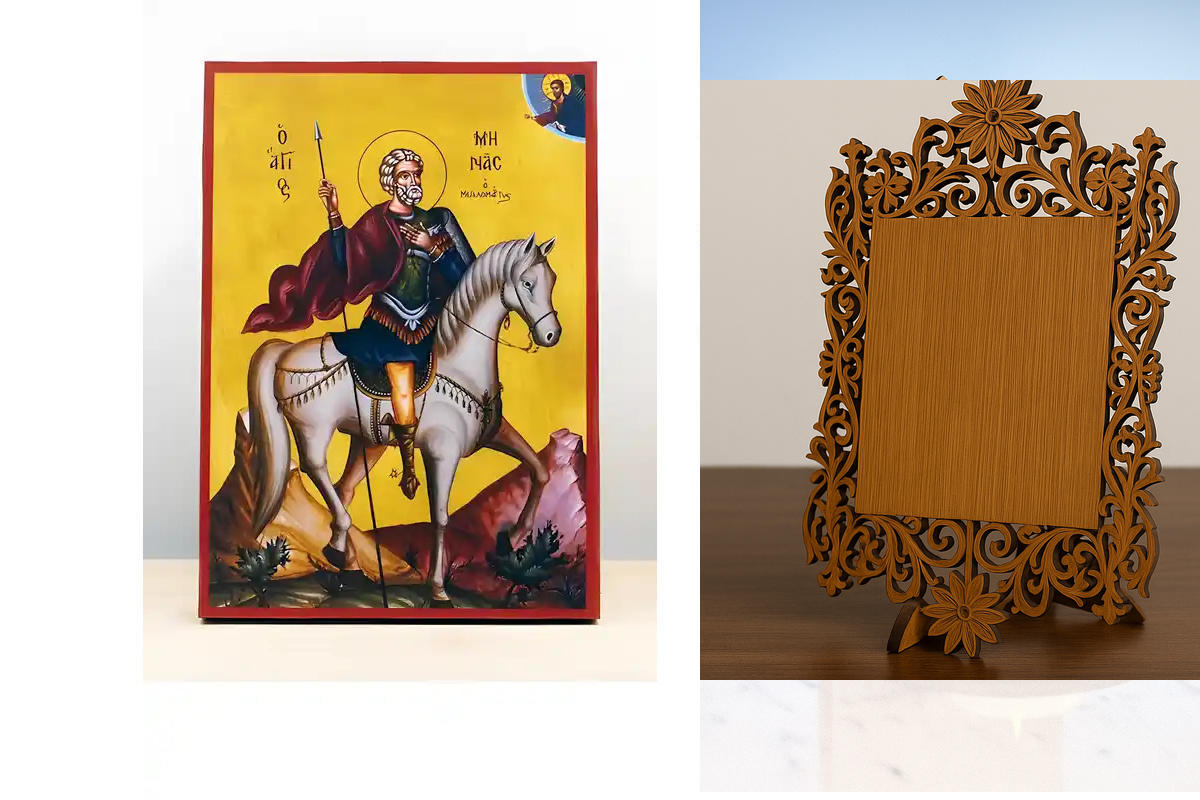 Σετ 2 τεμαχίων – Εικόνα Ορθοδοξίας Δαντέλα μαζι με  Βάση σε  8 χρώματα με περίγραμμα χρυσό σε ξύλο Plywood (Πλακάζ)   με  βάση Άγιος Μηνάς της Αιγύπτου έφιππος, Ξύλινη Χειροποίητη Εικόνα Ελληνικής Premium Βυζαντινής τεχνοτροπίας Κρεμασμένη σε ξύλινη πλάκα
