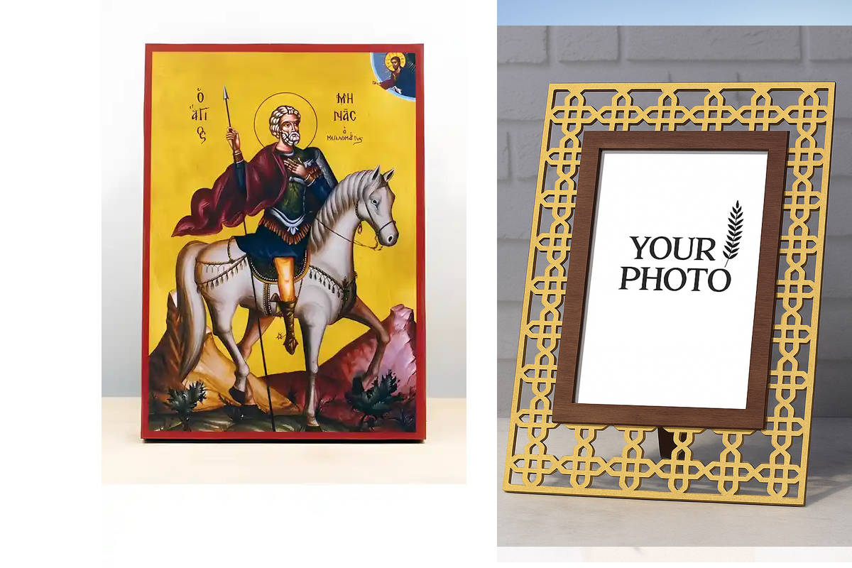 Εικόνα Ορθοδοξίας Πολυτελείας  με  σχεδιο Σταυρούς μαζι με  Βάση σε  8 χρώματα με περίγραμμα χρυσό σε ξύλο Plywood (Πλακάζ)   με  βάση Άγιος Μηνάς της Αιγύπτου έφιππος, Ξύλινη Χειροποίητη Εικόνα Ελληνικής Premium Βυζαντινής τεχνοτροπίας Κρεμασμένη σε ξύλι