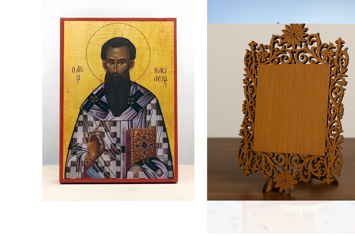 Εικόνα Ορθοδοξίας Δαντέλα μαζι με  Βάση σε  8 χρώματα με περίγραμμα χρυσό σε ξύλο Plywood (Πλακάζ)   με  βάση Άγιος Βασίλειος ο Μέγας της Καισάρειας, Ξύλινη Χειροποίητη Εικόνα Ελληνικού Βυζαντινού Στυλ Κρεμαστή σε ξύλινη πλάκα Χειροποίητη Ελληνορθόδοξη ει