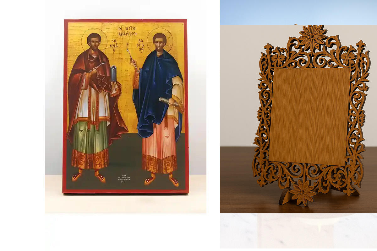 Εικόνα Ορθοδοξίας Δαντέλα μαζι με  Βάση σε  8 χρώματα με περίγραμμα χρυσό σε ξύλο Plywood (Πλακάζ)   με  βάση Άγιοι Άγιοι Ανεργοφόροι Κοσμάς και Δαμιανός, Ξύλινη Χειροποίητη Εικόνα Ελληνικού Βυζαντινού Στυλ Κρεμαστό σε ξύλινη πλάκα Χειροποίητη Ελληνορθόδο