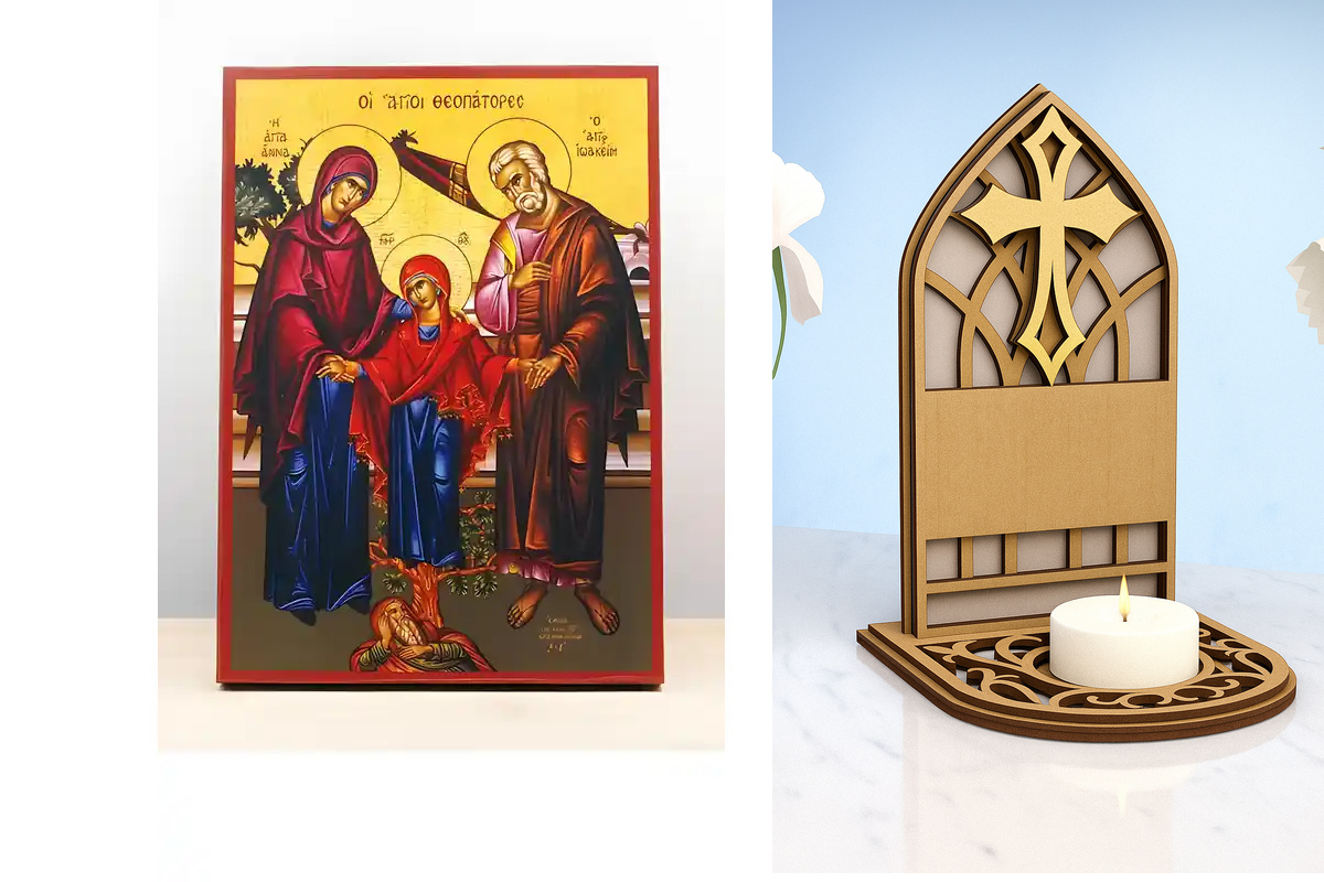 Εικόνα Ορθοδοξίας Καντηλάκι σε  8 χρώματα με περίγραμμα χρυσό σε ξύλο Plywood (Πλακάζ)   με  βάση Οι Άγιοι Ιωακείμ και Άννα με την κόρη τους την Παναγία, Ξύλινη Χειροποίητη Εικόνα Ελληνικού Βυζαντινού Στυλ Κρεμασμένη σε Πλάκα Χειροποίητη Ελληνορθόδοξη εικ