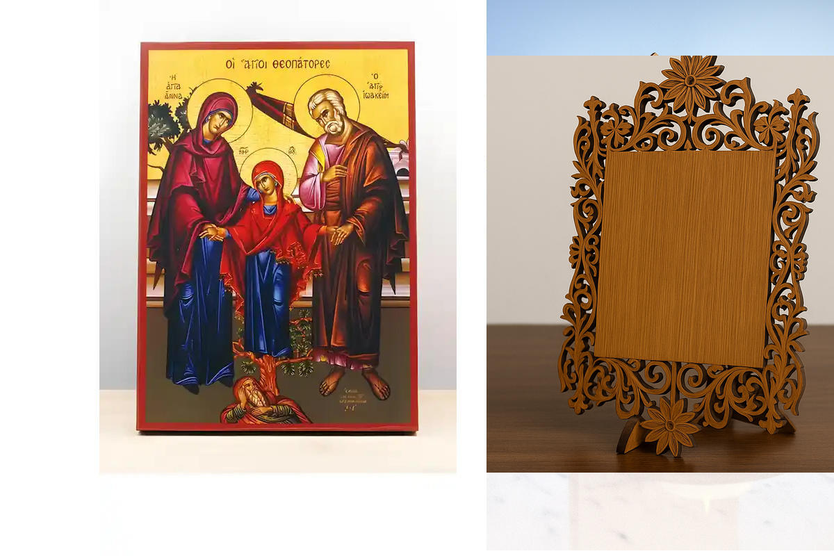 Εικόνα Ορθοδοξίας Δαντέλα μαζι με  Βάση σε  8 χρώματα με περίγραμμα χρυσό σε ξύλο Plywood (Πλακάζ)   με  βάση Οι Άγιοι Ιωακείμ και Άννα με την κόρη τους την Παναγία, Ξύλινη Χειροποίητη Εικόνα Ελληνικού Βυζαντινού Στυλ Κρεμασμένη σε Πλάκα Χειροποίητη Ελλην