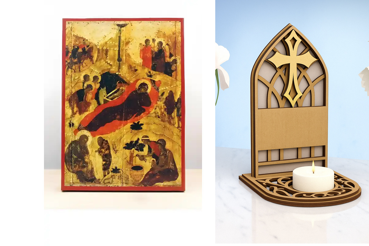 Εικόνα Ορθοδοξίας Καντηλάκι σε  8 χρώματα με περίγραμμα χρυσό σε ξύλο Plywood (Πλακάζ)   με  βάση Genesis of Jesus Christ Old Style, Ξύλινη Χειροποίητη Εικόνα Ελληνικού Premium Βυζαντινού Στυλ Κρεμασμένο σε ξύλινη πλάκα Ορθόδοξο Θρησκευτικό Θέμα Χειροποίη