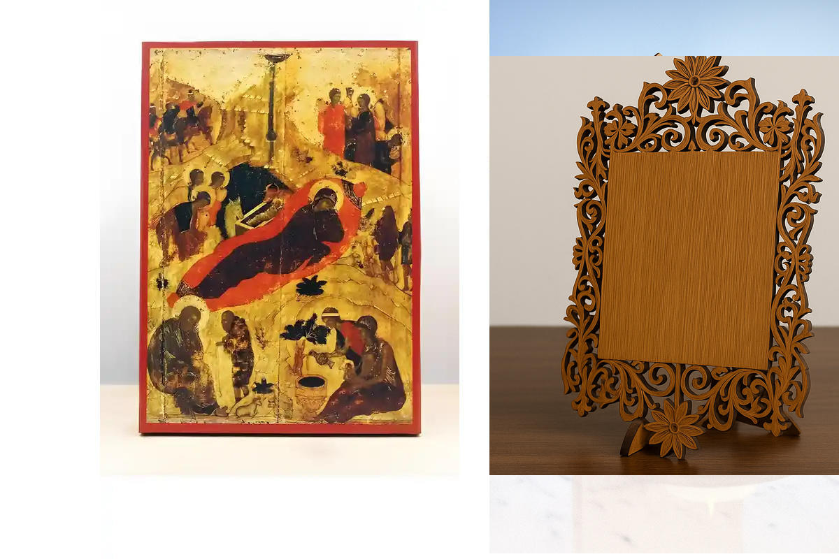 Εικόνα Ορθοδοξίας Δαντέλα μαζι με  Βάση σε  8 χρώματα με περίγραμμα χρυσό σε ξύλο Plywood (Πλακάζ)   με  βάση Genesis of Jesus Christ Old Style, Ξύλινη Χειροποίητη Εικόνα Ελληνικού Premium Βυζαντινού Στυλ Κρεμασμένο σε ξύλινη πλάκα Ορθόδοξο Θρησκευτικό Θέ