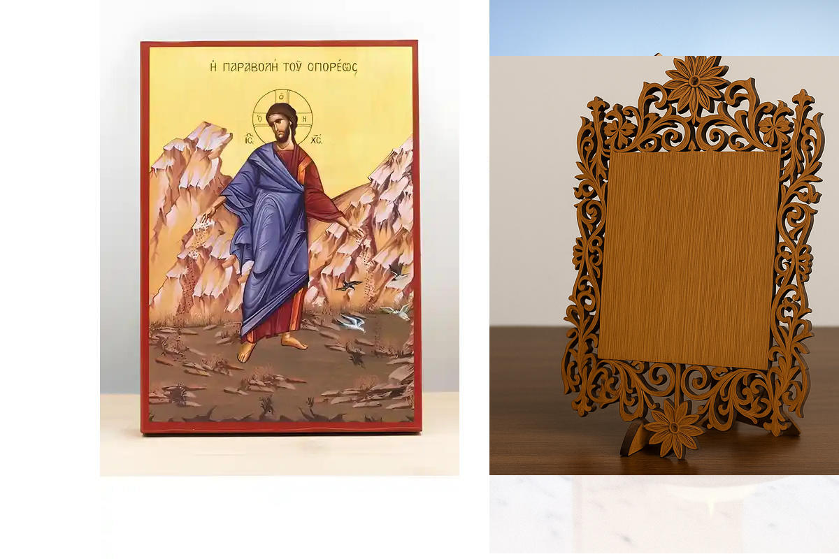 Σετ 2 τεμαχίων – Εικόνα Ορθοδοξίας Δαντέλα μαζι με  Βάση σε  8 χρώματα με περίγραμμα χρυσό σε ξύλο Plywood (Πλακάζ)   με  βάση Ιησούς Χριστός Ο Σπορέας, Ξύλινη Χειροποίητη Εικόνα Ελληνικού Premium Βυζαντινού Στυλ Κρεμασμένο σε ξύλινη πλάκα Θρησκευτικό θέμ