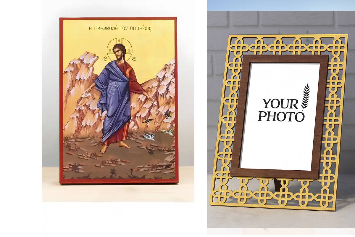 Εικόνα Ορθοδοξίας Πολυτελείας  με  σχεδιο Σταυρούς μαζι με  Βάση σε  8 χρώματα με περίγραμμα χρυσό σε ξύλο Plywood (Πλακάζ)   με  βάση Ιησούς Χριστός Ο Σπορέας, Ξύλινη Χειροποίητη Εικόνα Ελληνικού Premium Βυζαντινού Στυλ Κρεμασμένο σε ξύλινη πλάκα Θρησκευ