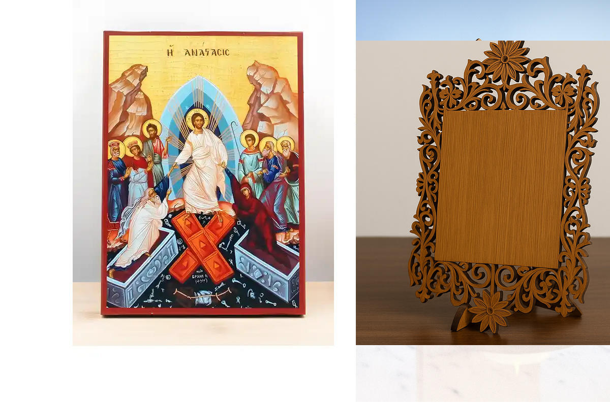 Εικόνα Ορθοδοξίας Δαντέλα μαζι με  Βάση σε  8 χρώματα με περίγραμμα χρυσό σε ξύλο Plywood (Πλακάζ)   με  βάση Ανάσταση του Ιησού Χριστού, Ξύλινη Χειροποίητη Εικόνα Ελληνικού Premium Βυζαντινού Στυλ Κρεμασμένο σε ξύλινη πλάκα Ορθόδοξο Θρησκευτικό Θέμα Χειρ