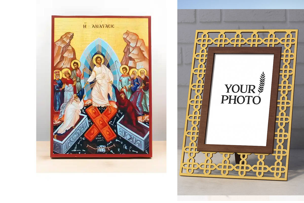 Εικόνα Ορθοδοξίας Πολυτελείας  με  σχεδιο Σταυρούς μαζι με  Βάση σε  8 χρώματα με περίγραμμα χρυσό σε ξύλο Plywood (Πλακάζ)   με  βάση Ανάσταση του Ιησού Χριστού, Ξύλινη Χειροποίητη Εικόνα Ελληνικού Premium Βυζαντινού Στυλ Κρεμασμένο σε ξύλινη πλάκα Ορθόδ