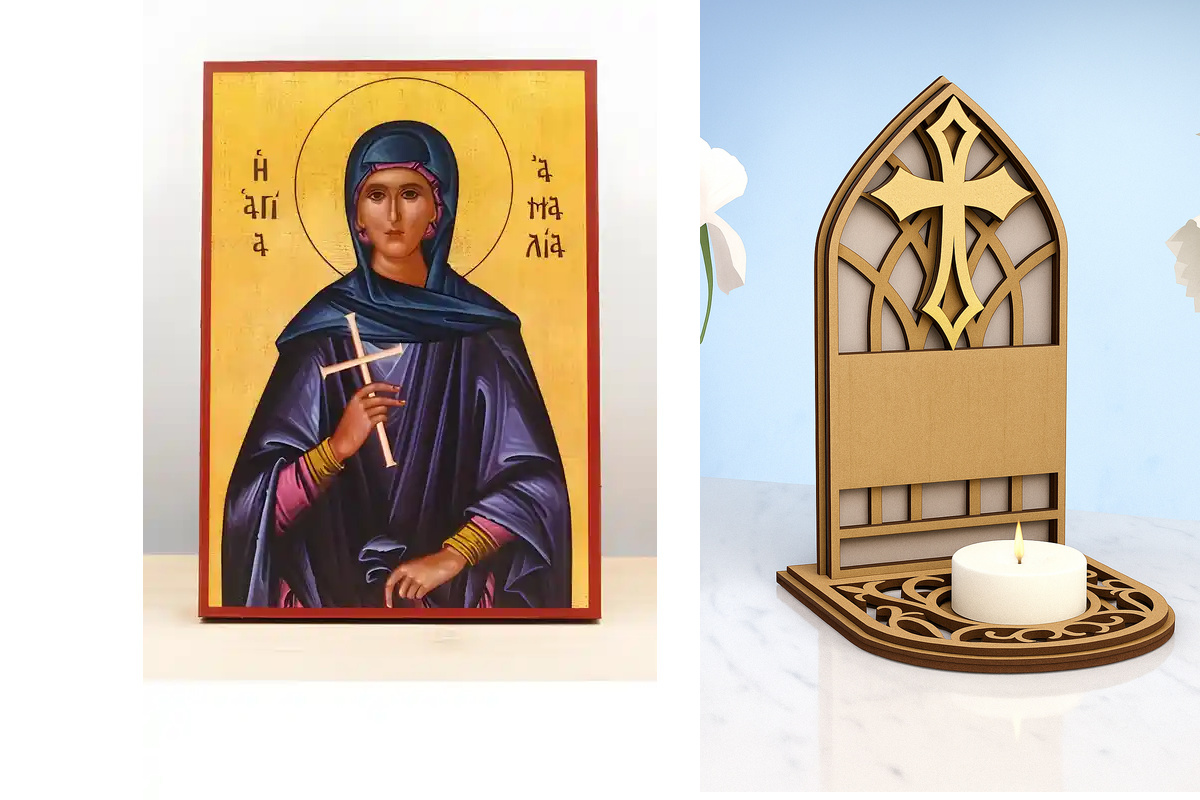 Εικόνα Ορθοδοξίας Καντηλάκι σε  8 χρώματα με περίγραμμα χρυσό σε ξύλο Plywood (Πλακάζ)   με  βάση Αγία «Αμαλία» Αμαλβέργα του Maubeuge, Ξύλινη Χειροποίητη Εικόνα Ελληνικού Premium Βυζαντινού Στυλ Κρεμαστή σε ξύλινη πλάκα Θρησκευτικό θέμα Χειροποίητη Ελλην