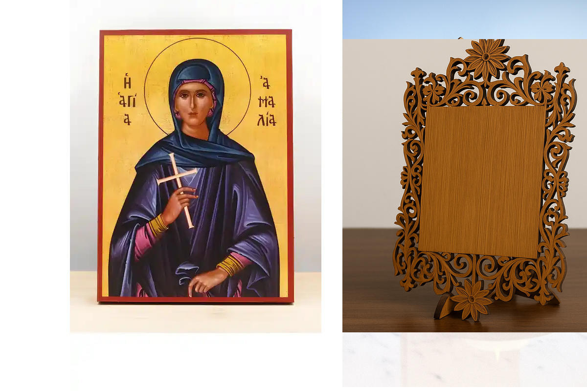 Εικόνα Ορθοδοξίας Δαντέλα μαζι με  Βάση σε  8 χρώματα με περίγραμμα χρυσό σε ξύλο Plywood (Πλακάζ)   με  βάση Αγία «Αμαλία» Αμαλβέργα του Maubeuge, Ξύλινη Χειροποίητη Εικόνα Ελληνικού Premium Βυζαντινού Στυλ Κρεμαστή σε ξύλινη πλάκα Θρησκευτικό θέμα Χειρο